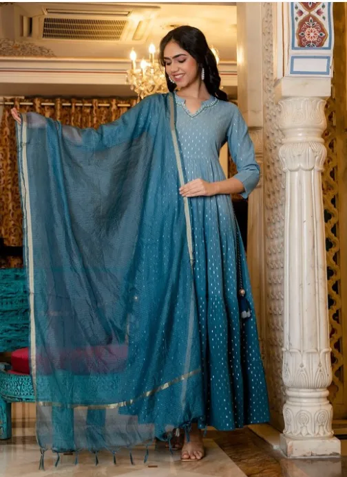 Ethnic Motifs Woven Design Band Collar Anarkali Kurta With Dupatta