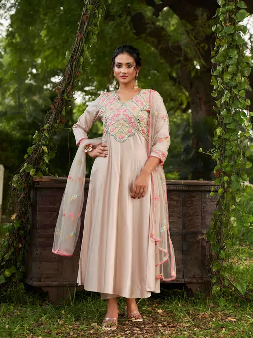 Beige Embroidered Anarkali Kurta with Pant & Dupatta