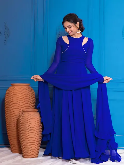 Royal Blue Overlapped Anarkali with Dupatta