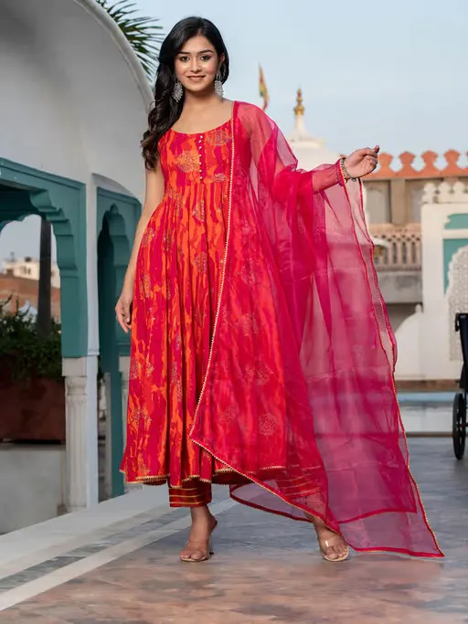 Pink & Orange Anarkali Kurta with Pant and Dupatta