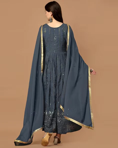Women Embroidered Fit & Flare Dress with Dupatta