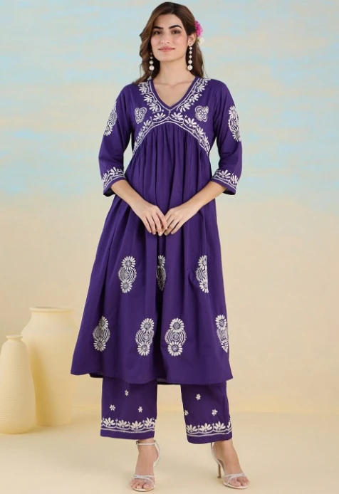 Ethnic Motifs Embroidered Empire Chikankari Pure Cotton Anarkali Kurta With Trouser