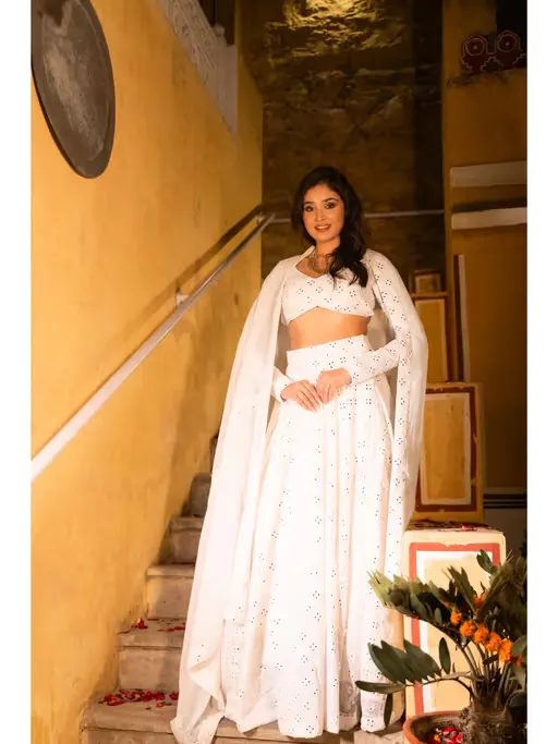 Isahni White Chikankari Lehenga with Blouse and Dupatta