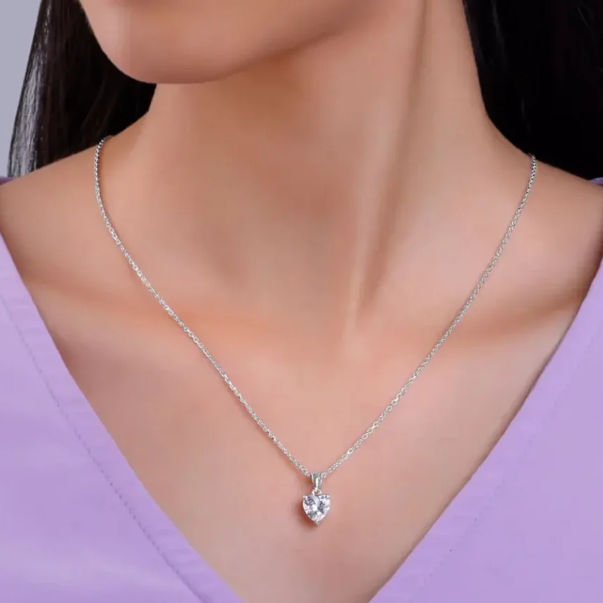 Silver Solitaire Heart  Pendant with Link Chain