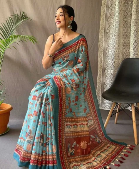 Cotton Bend Kalamkari Saree With Tassel