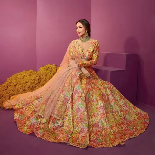 Multicoloured Embroidered Thread Work Semi-Stitched Lehenga