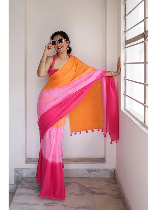 Candy Crush Ombre Hand Dyed Mulmul Cotton Saree with Unstitched Blouse
