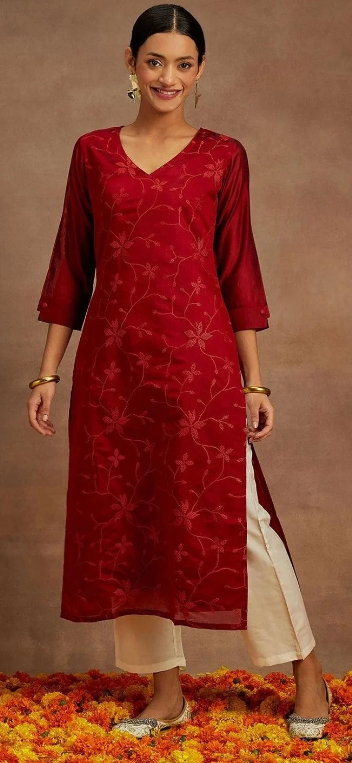 Red chanderi straight kurti