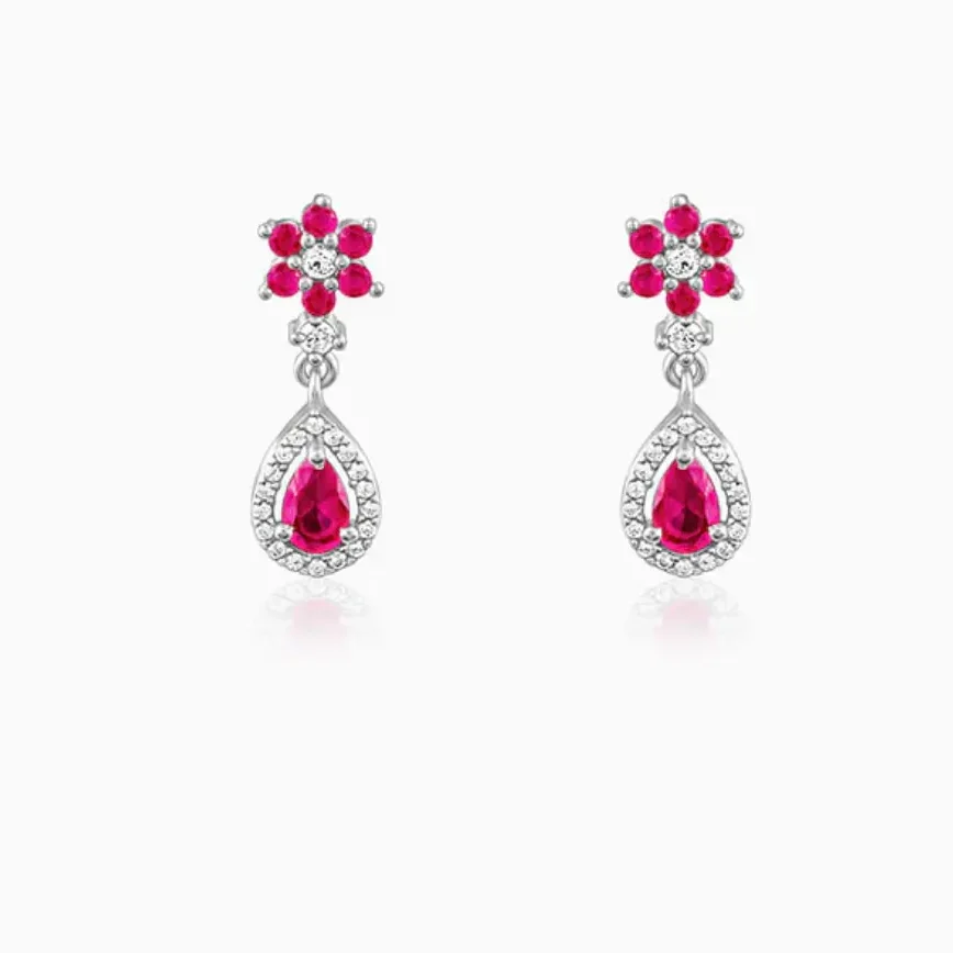 Silver Pink Flower Mini Drop Earrings