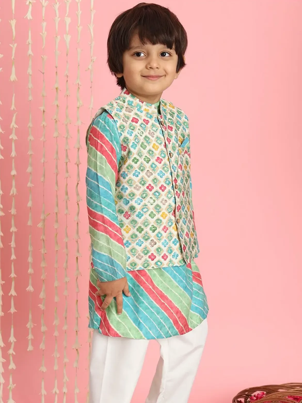 Green printed Kurta with pyjamas and Nehru jacket
