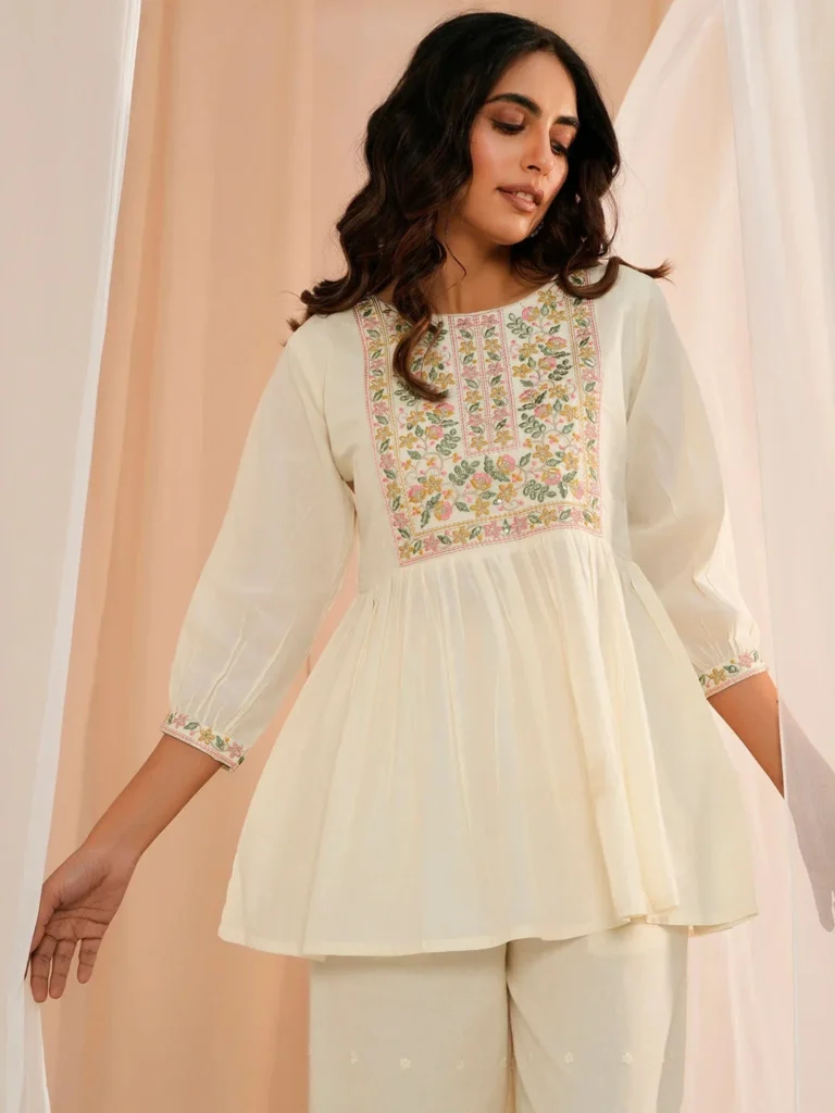 Off White Yoke design Cotton A-Line Kurti