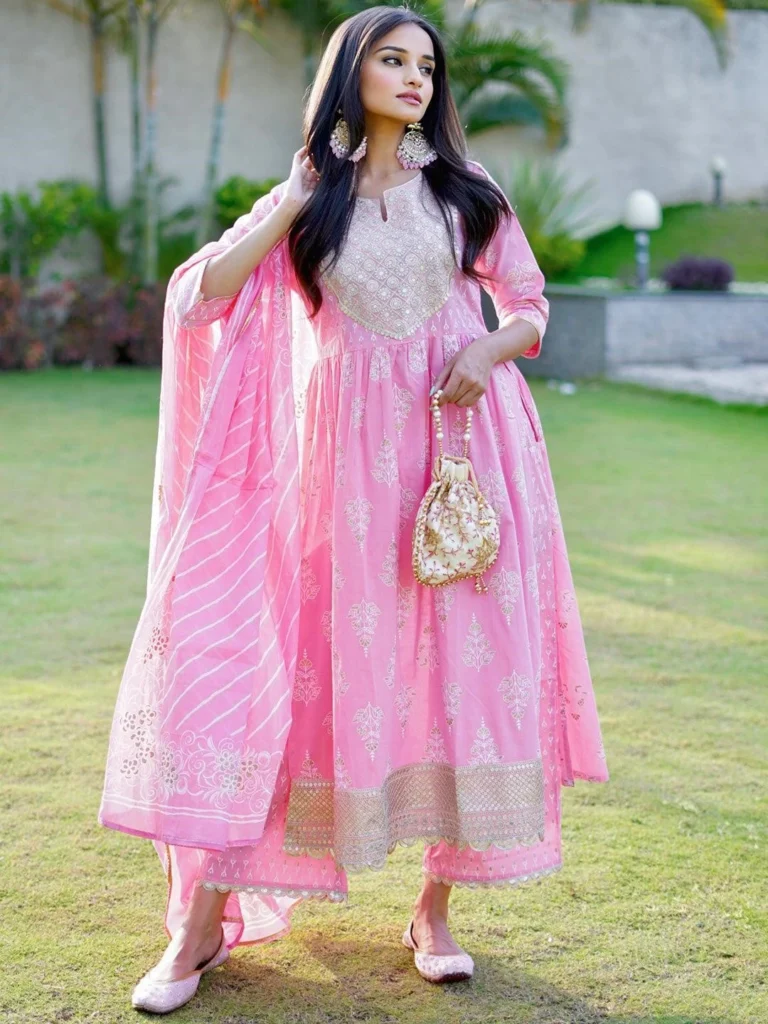 Pink Yoke Design Cotton Anarkali Kurta with Palazzos and Dupatta