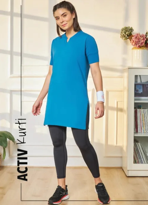 Mandarin Collar Active Kurti Style Top with Side Pocket