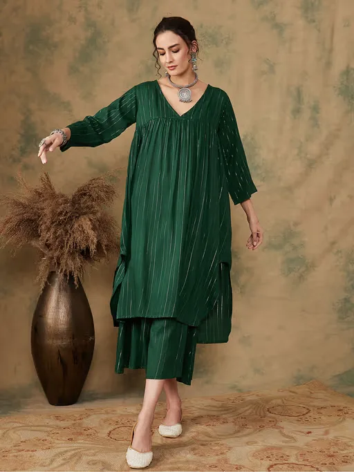 Pine Green Lurex Flared V Neck Kurta and Palazzo