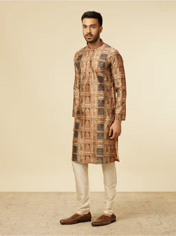 Beige Art Silk Digital Print Embroidery Kurta with Pyjama