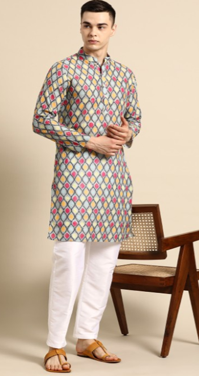 Men Printed Sequinned Pure Silk Kurta with Trousers