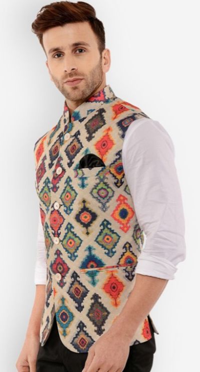 Men's Beige & Blue Printed Nehru Jacket