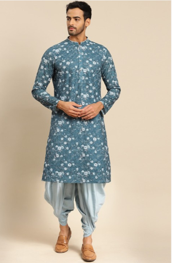 Men's Blue Printed Angrakha Kurta with Dhoti Pants