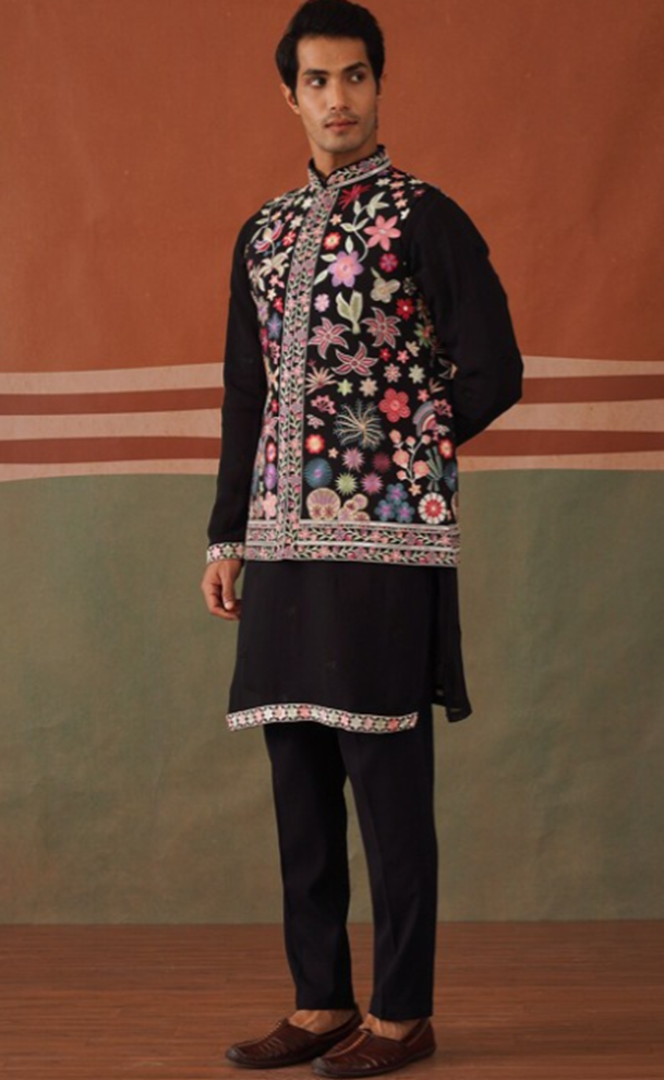 Mandarin Collar Kurta & Pyjamas With Jacket