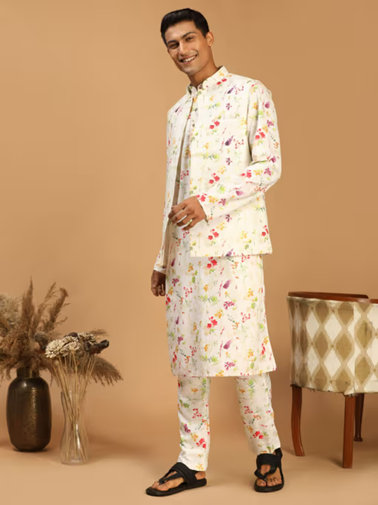 Men Cream Cotton Blend Jacket with Kurta and Pyjama