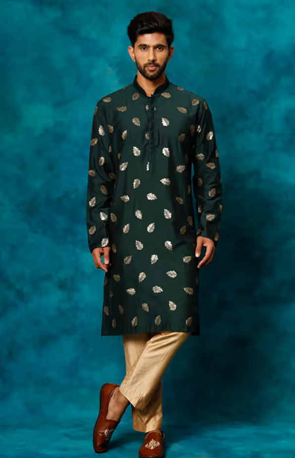 Mens Green & Rose Gold Cotton Blend Kurta Pyjama