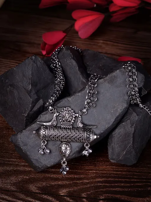 Oxidized Silver Toned Peacock Design Tribal Necklace