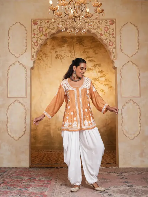 Chanderi Chikankari Womens Short Kurti