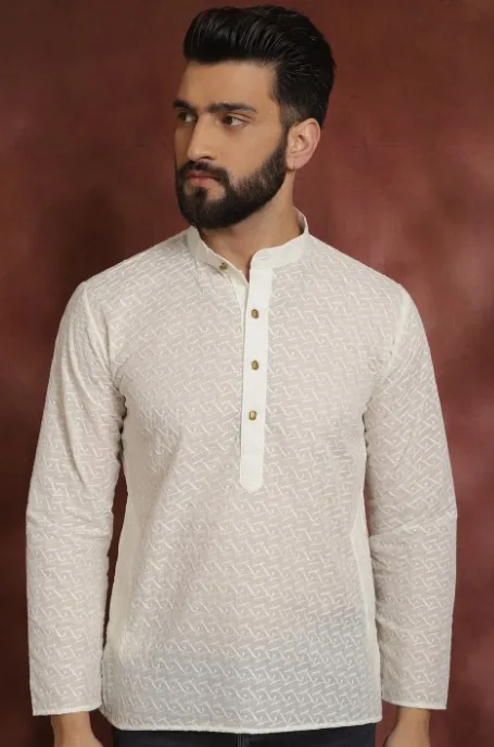 Men Cream-Coloured Embroidered Chikankari Cotton Straight Kurta