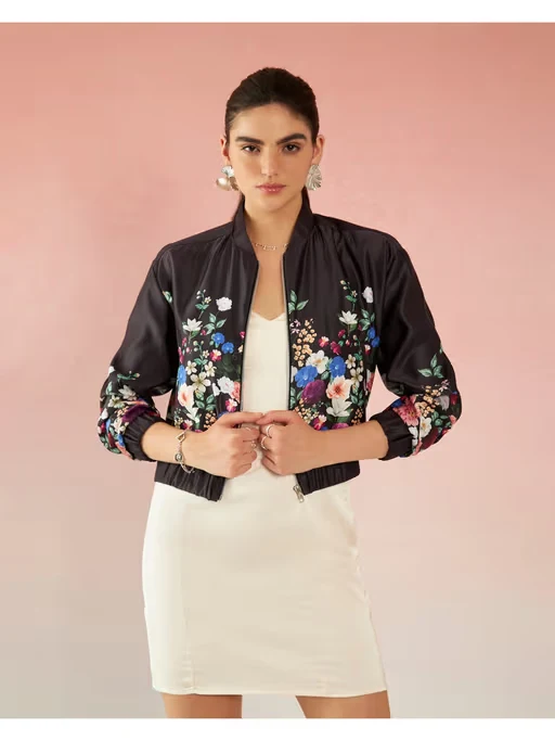 Margot Versatile Lycra Satin Floral Bomber Jacket