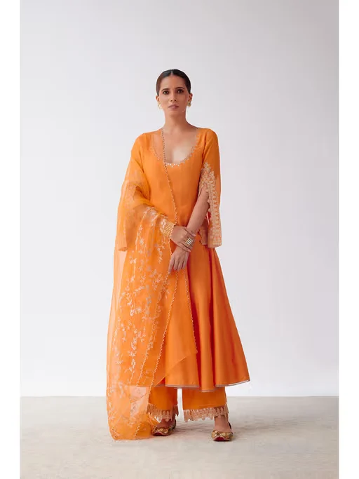 Orange Dori Embroidered Anarkali and Palazzo with Dupatta 