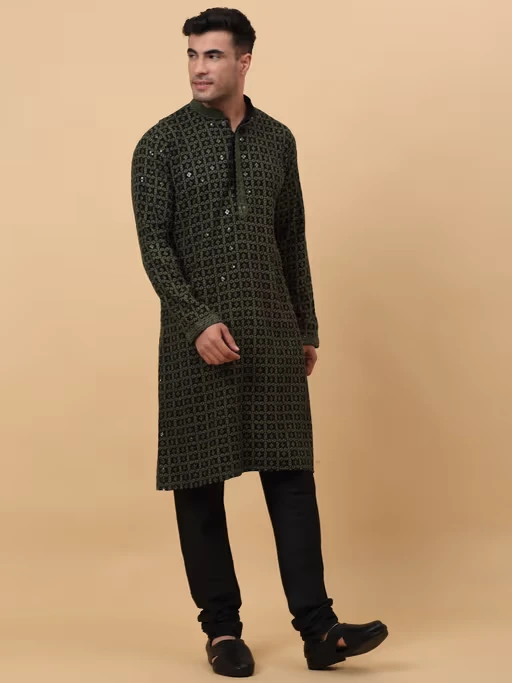 Men Cotton Green Chikankari Embroidered Sequence Kurta