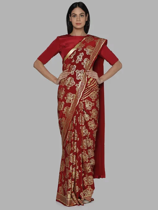 Maroon Printed Saree With Unstitched Blouse