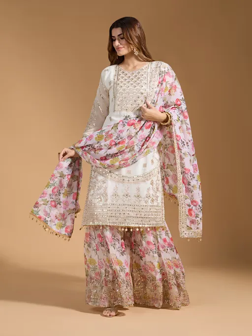 Georgette Embroidered Kurta with Sharara & Tasseled Dupatta