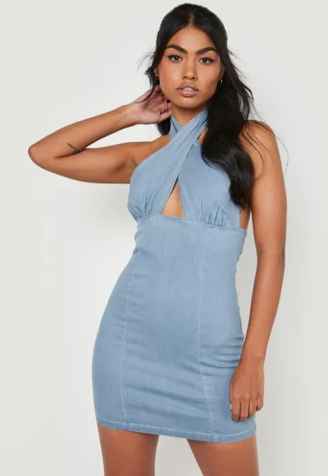 Blue Halter Neck Denim Bodycon Mini Dress