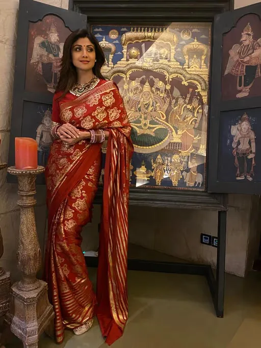 Maroon Printed Saree with Unstitched Blouse styled by Shilpa Shetty