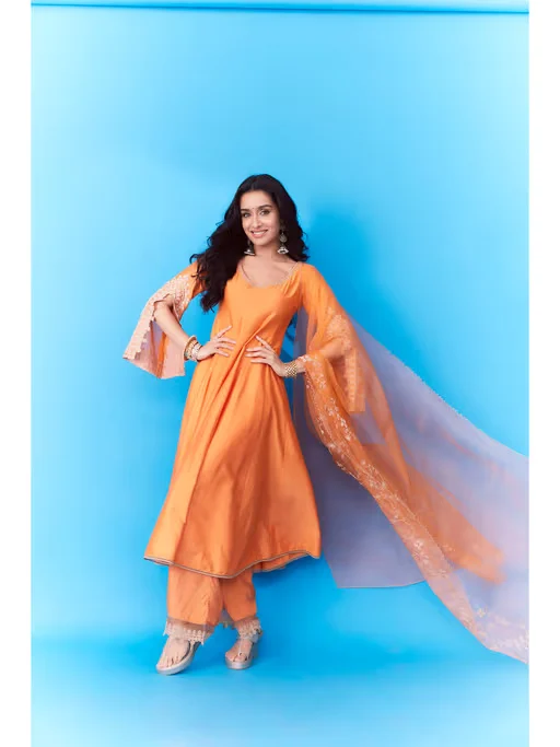 Orange Dori Embroidered Anarkali and Palazzo with Dupatta worn by Shraddha Kapoor