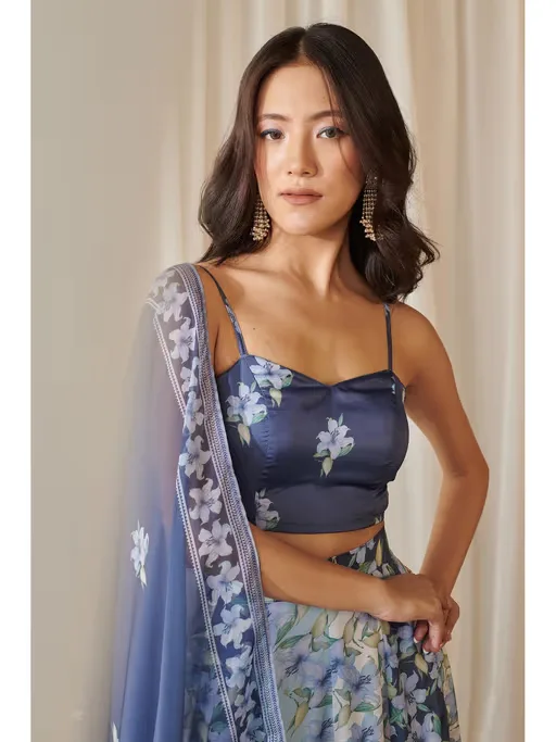 Floral Blue Lehenga with Choli and Dupatta