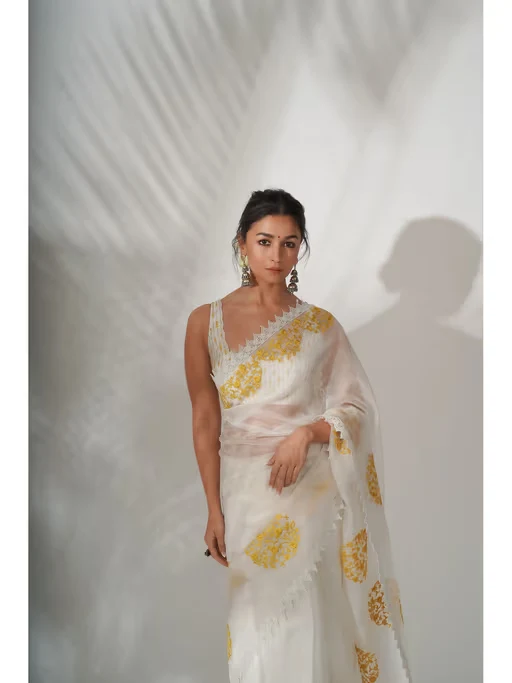 Ivory Yellow Silk Organza Saree with Stitched Blouse worn by Alia Bhatt