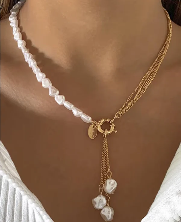 White Pearl Gold Toned Chain Necklace