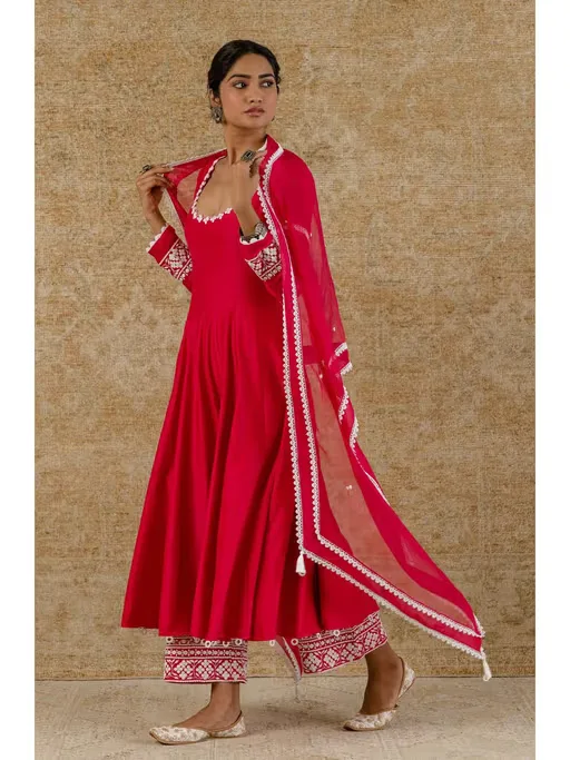 Fuchsia Pink Chanderi Anarkali and Pant with Dupatta