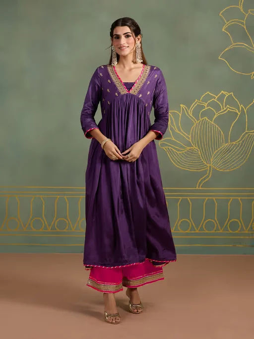 Silk Alia Cut Festive Kurta With Embroidered Neck