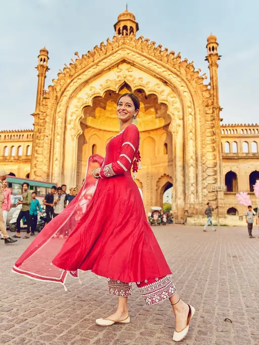Pink Chanderi Anarkali and Pant with Dupatta worn by Ananya Pandey 