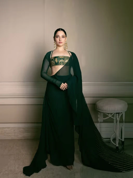 Trikone Draped Saree With Stitched Blouse and Shrug