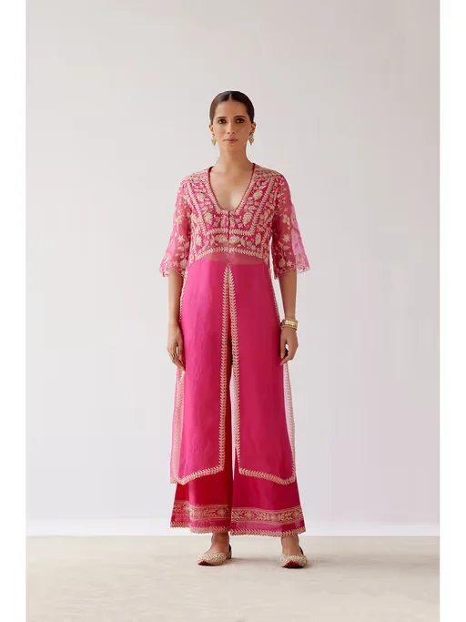 Fuchsia Pink Slit Chanderi Kurta and Palazzo 