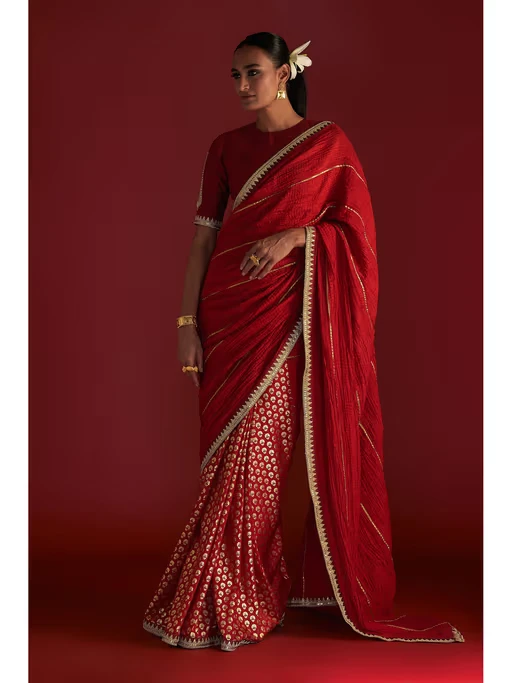 Red Crushed Honeycomb Saree with Unstitched Blouse