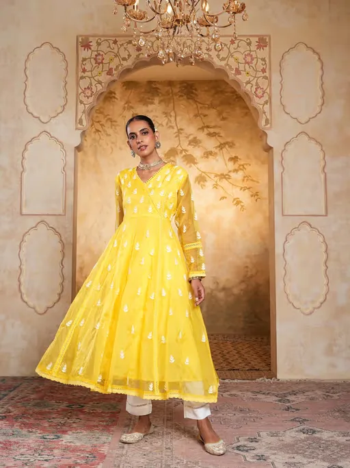 Organza Chikankari Womens Long Angrakha Kurta