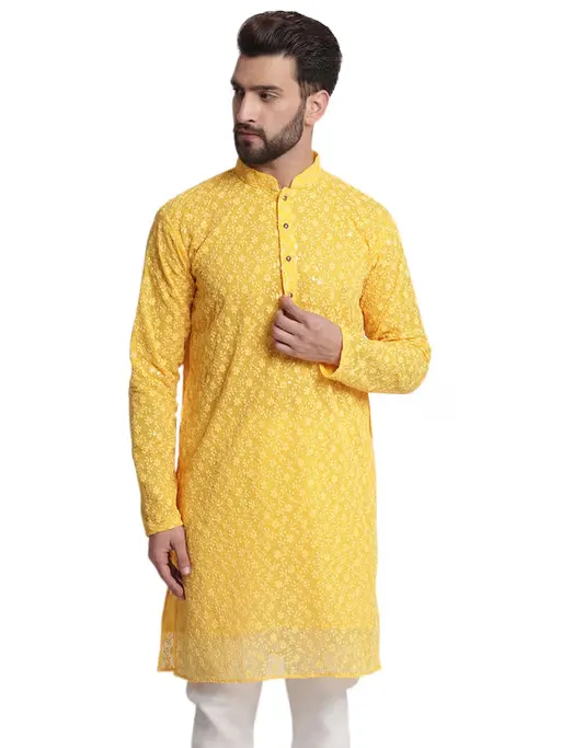 Designer Yellow Georgette Chikankari Kurta For Men