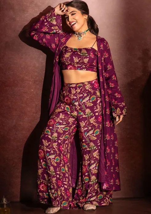 Floral Printed Shoulder Straps Top With Palazzo & Shrug