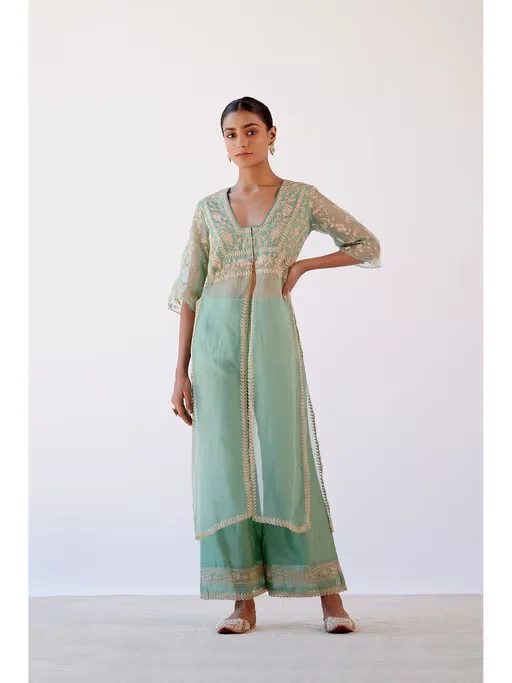 Sage Green Slit Chanderi Kurta and Palazzo