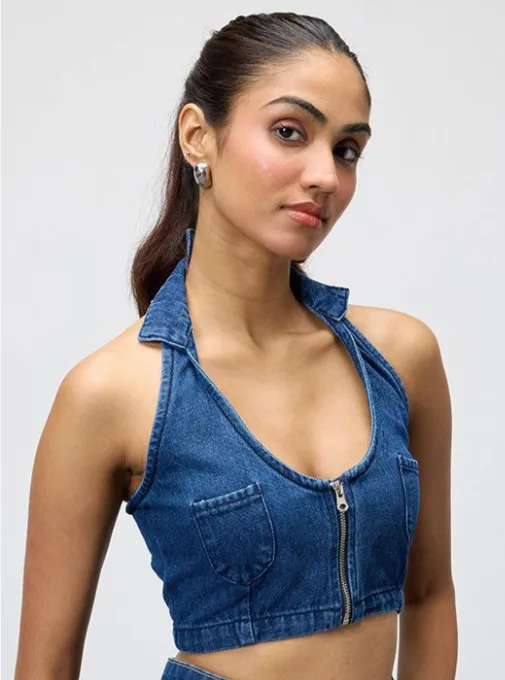 Halter Neck Cotton Denim Bralette Crop Top